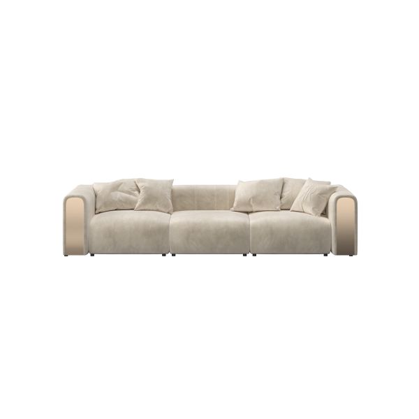 Il divano Luz di Rugiano fa parte di una lussuosa collezione del design italiano, caratterizzata da un sofisticato divano modulare rivestito in pelle beige.