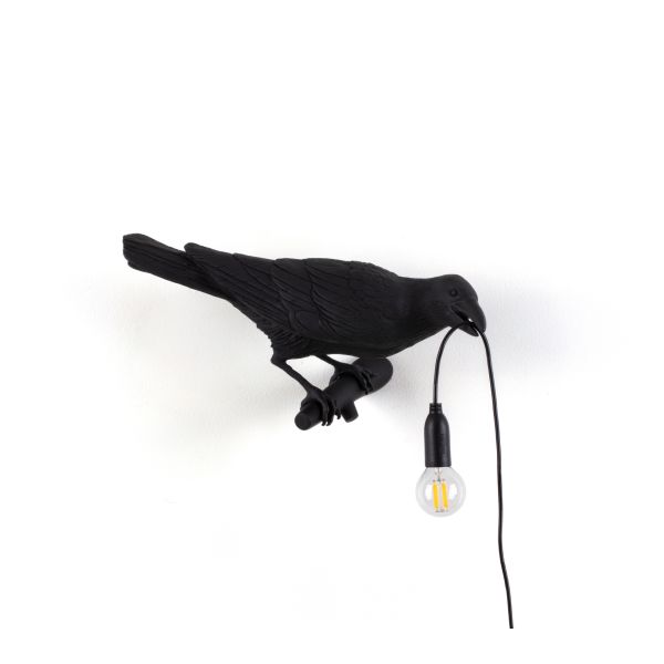Bird Lamp appesa a destra in resina nera, un corvo che fa luce perché sia più facile trovare la strada. Disegnata da Marcantonio in tre pose differenti.